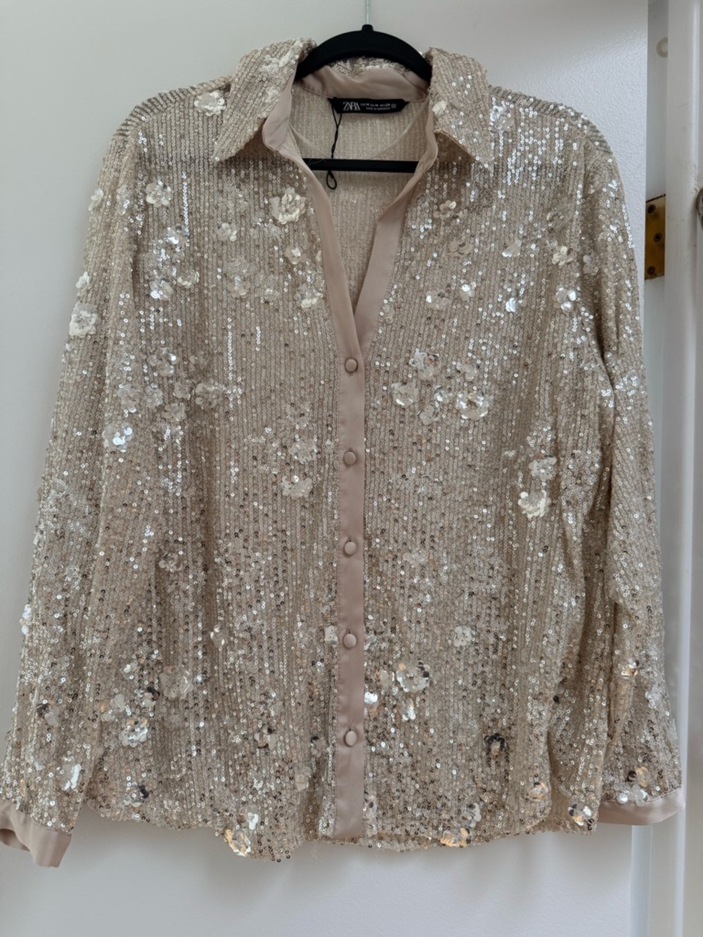 Zara Champagne Sequin Floral Button-Front Blouse